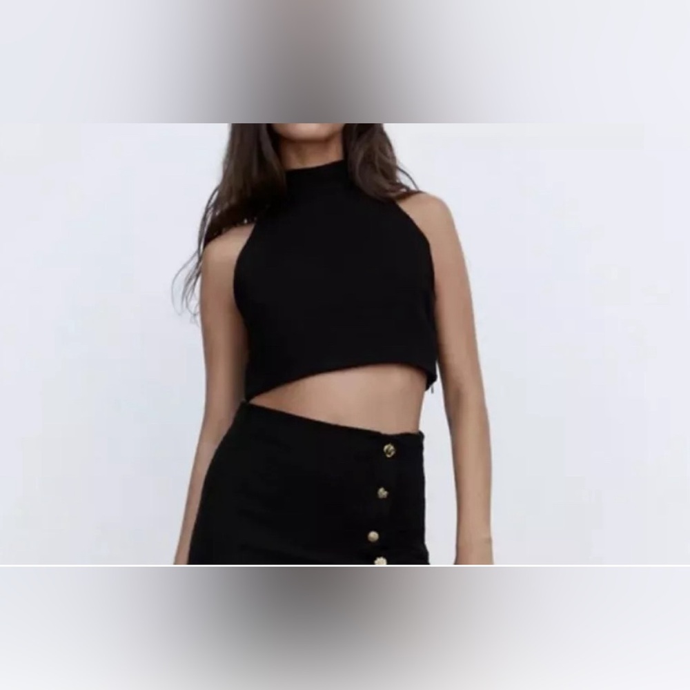 Zara Textured Halter Black Crop Top